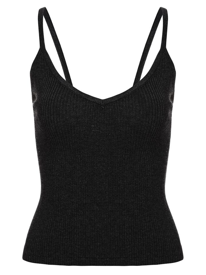 Romwe V-neck Ribbed Cami Top - Black