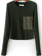Romwe Dark Green Zipper Pocket Ribbed Knit Sweater
