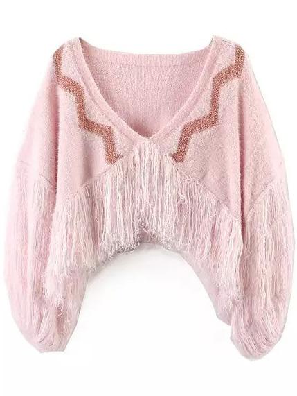 Romwe V Neck Tassel Pink Poncho