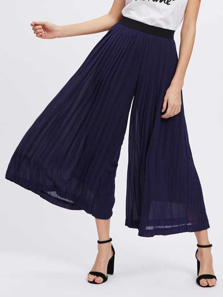 Romwe Contrast Waistband Pleated Culotte Pants
