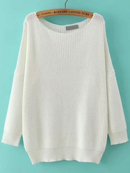 Romwe Scoop Neck Long Sleeve Loose White Sweater