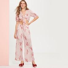 Romwe Ruffle Cuff Knot Crop Top And Palazzo Pants Set