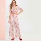 Romwe Ruffle Cuff Knot Crop Top And Palazzo Pants Set