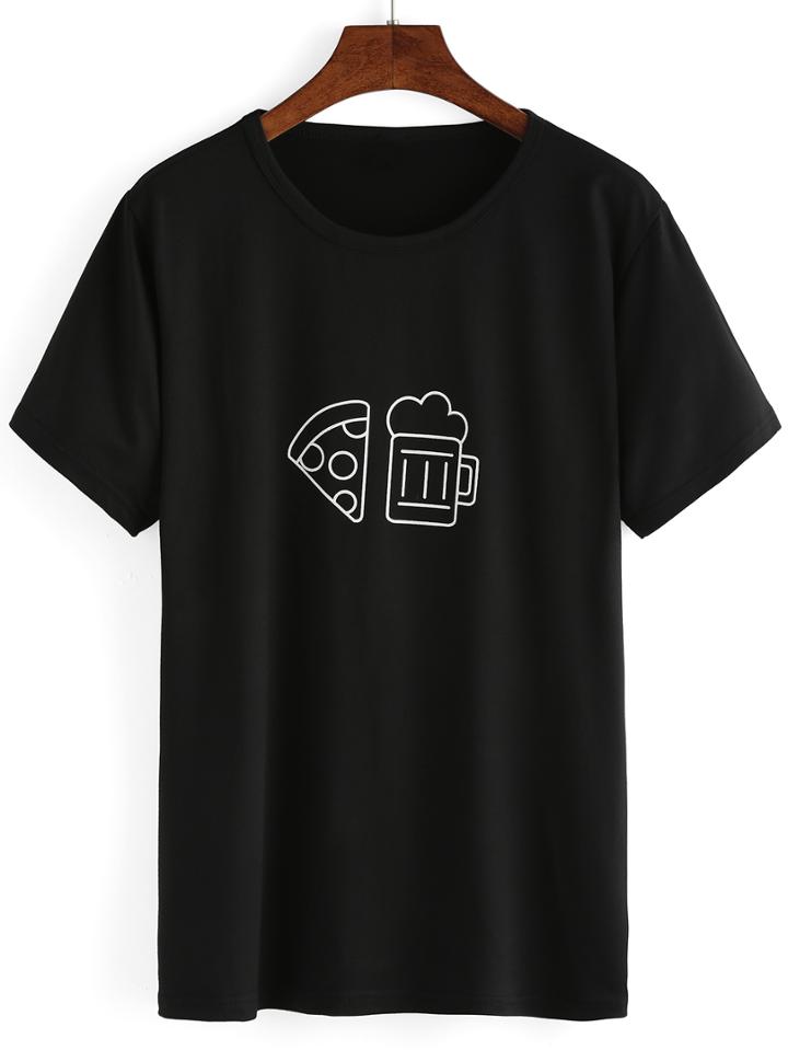 Romwe Black Beer Print T-shirt