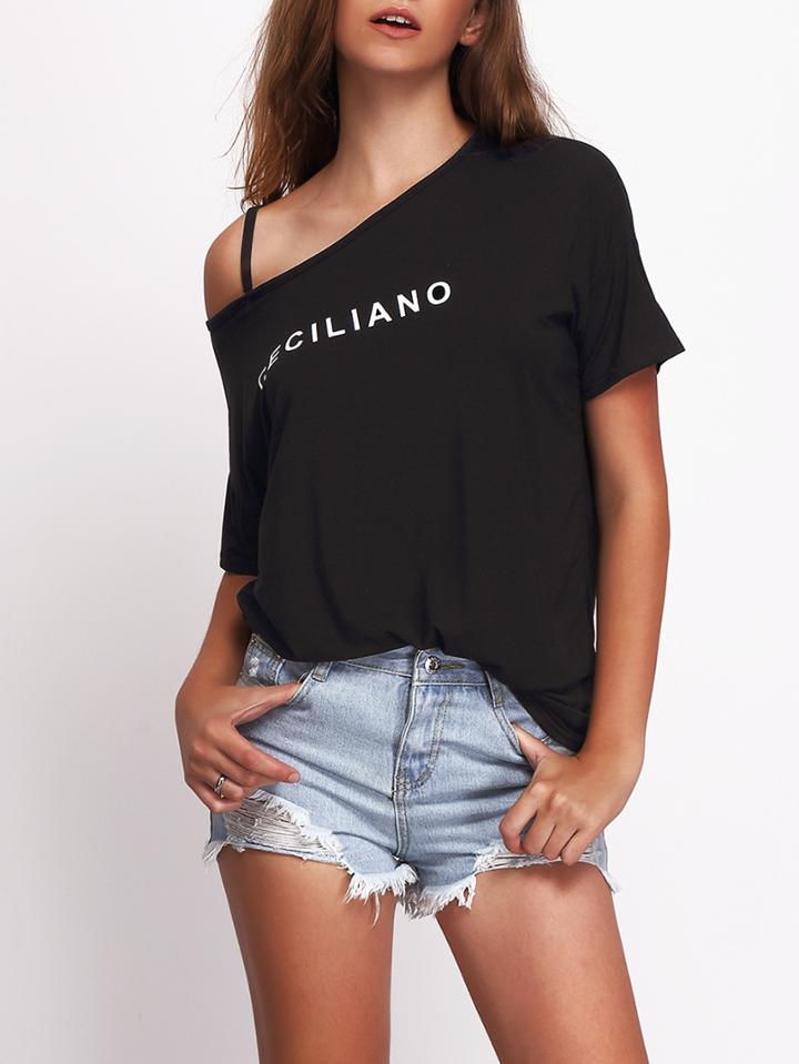 Romwe Black Short Sleeve Letters Print Loose T-shirt