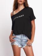 Romwe Black Short Sleeve Letters Print Loose T-shirt