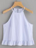 Romwe Buttoned Keyhole Back Frill Striped Halter Top