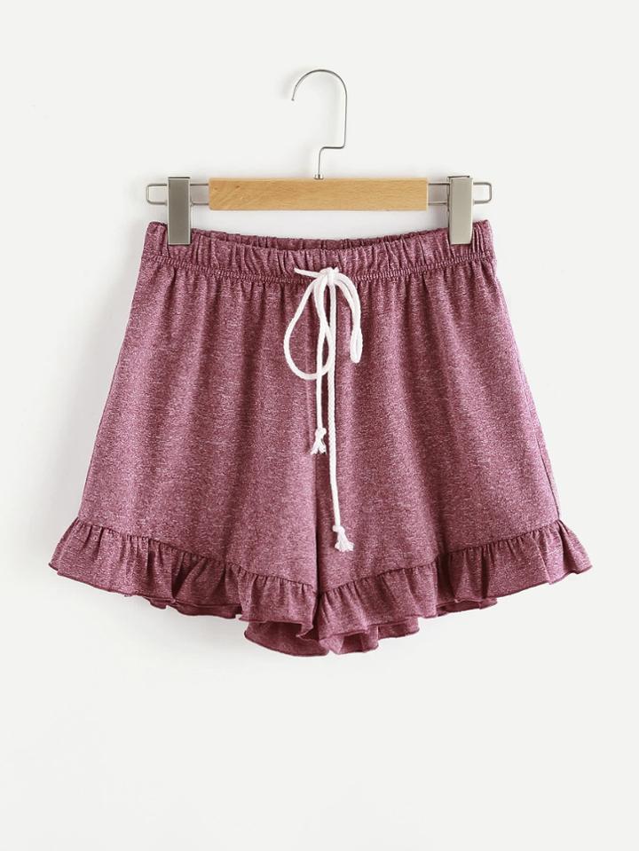Romwe Marled Knit Drawstring Waist Frilled Sweat Shorts