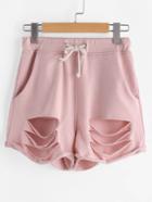 Romwe Pink Drawstring Waist Ripped Roll Hem Shorts