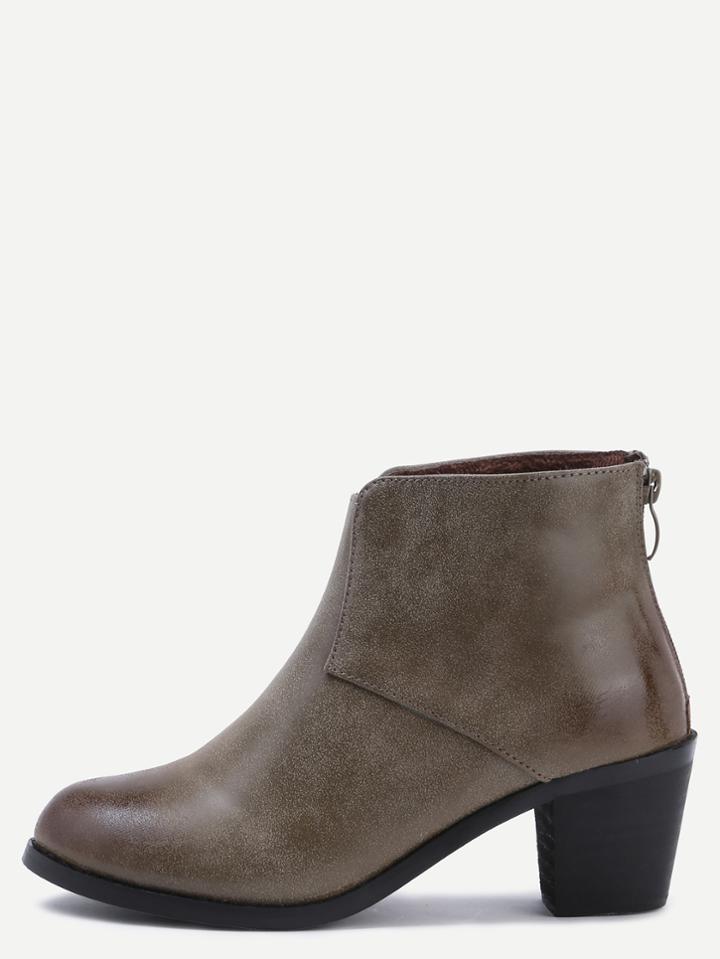Romwe Khaki Faux Leather Back Zipper Ankle Boots