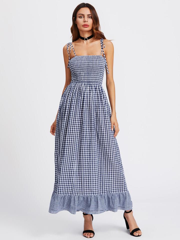 Romwe Self Tie Shoulder Smocked Bodice Tiered Hem Gingham Dress