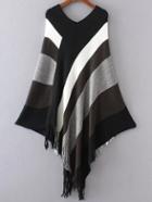 Romwe Color Block Double V Neck Fringe Poncho Sweater