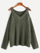 Romwe Army Green V Neck Open Shoulder Sweater