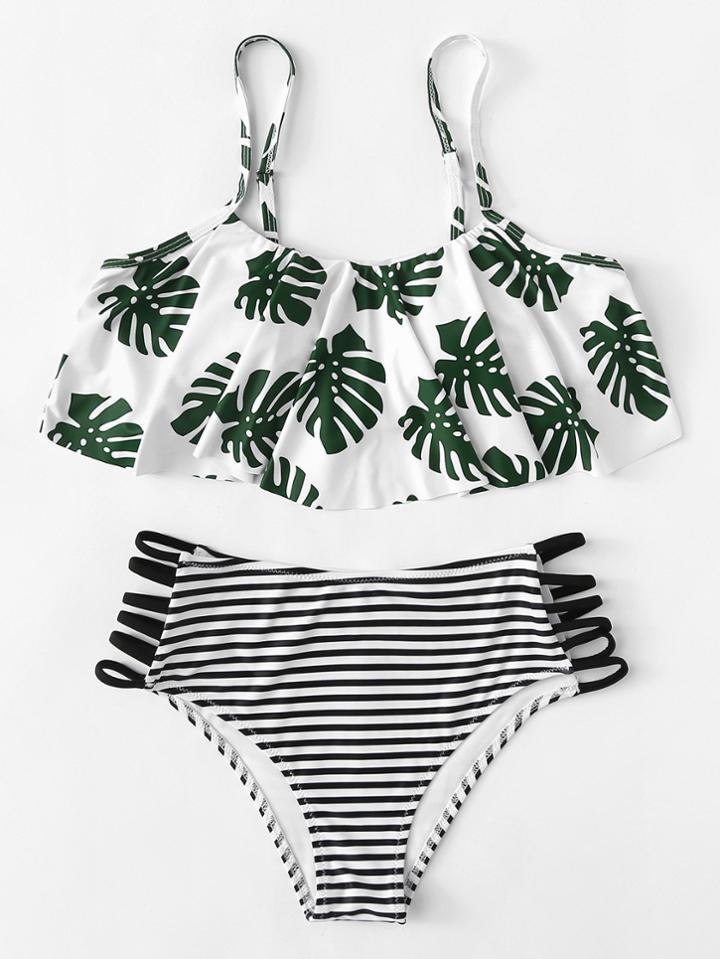Romwe Palm & Striped Bikini Set