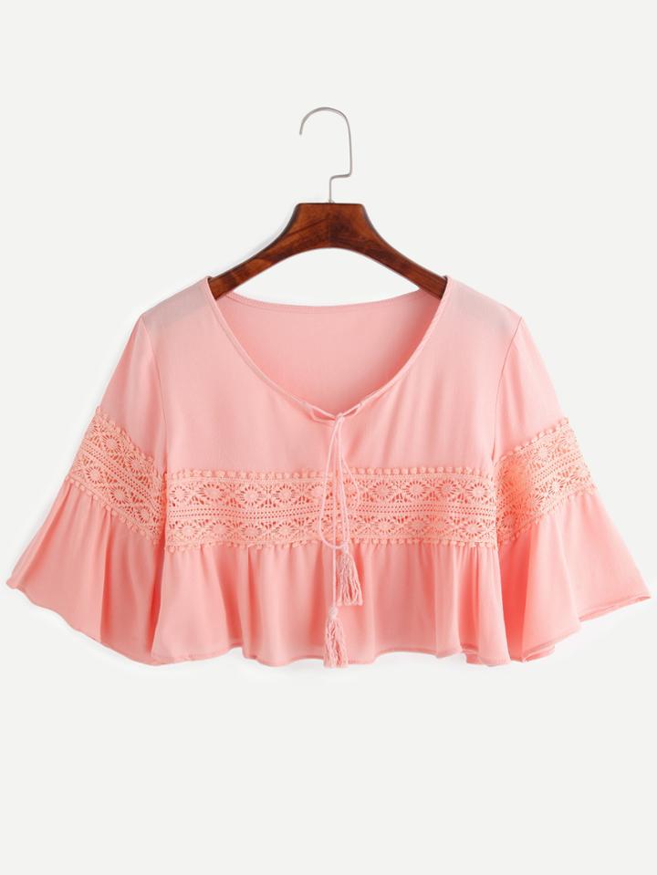 Romwe Pink Contrast Lace Tie Neck Fringe Crop Top