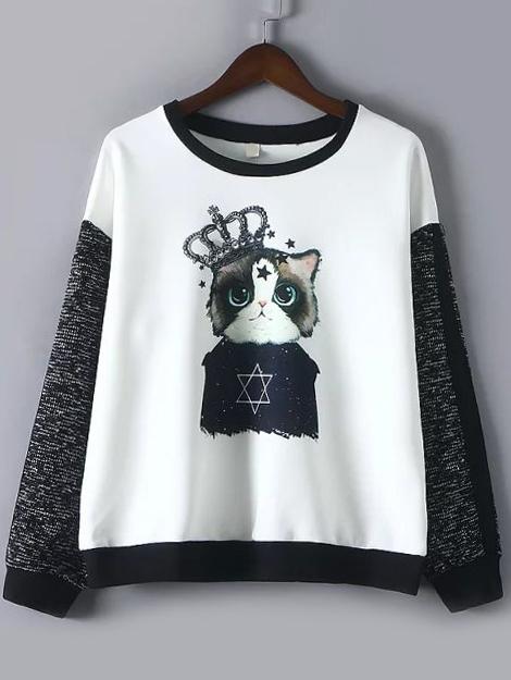 Romwe Round Neck Cat Print Loose Sweatshirt