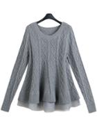 Romwe Grey Round Neck Diamond Pattern Peplum Hem Sweater