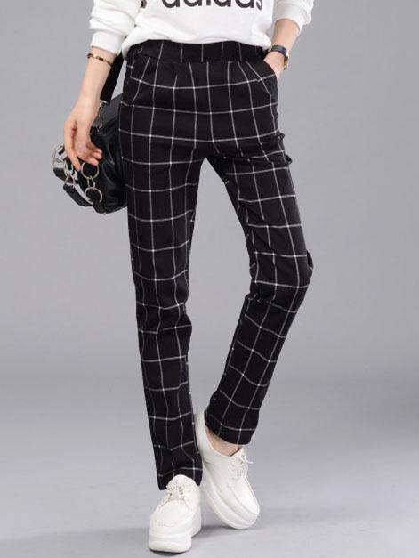 Romwe Elastic Waist Plaid Black Pant