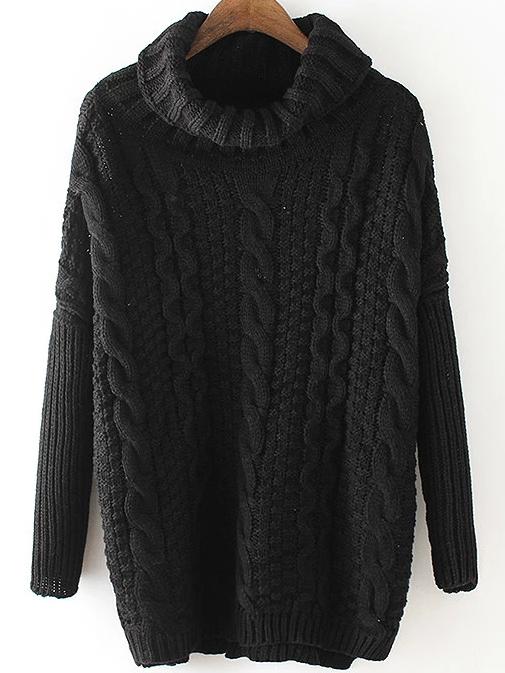Romwe Turtleneck Split Side Cable Knit Black Sweater