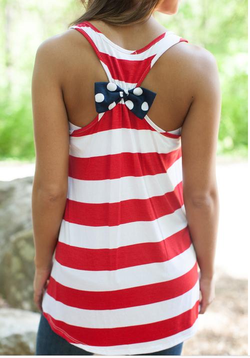 Romwe Back Bow With Pocket Striped Tank Top