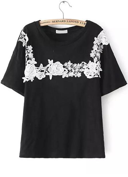 Romwe Contrast Lace Black T-shirt