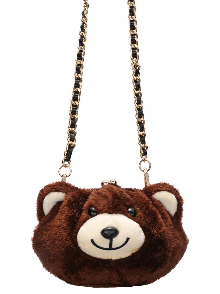 Romwe Brown Kiss Lock Chain Fur Bear Bag
