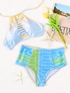 Romwe Blue Striped Ladder Cutout Halter Bikini Set