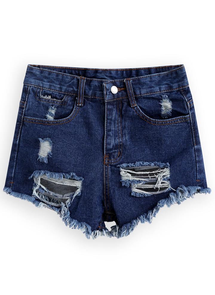 Romwe Ripped Fringe Denim Shorts