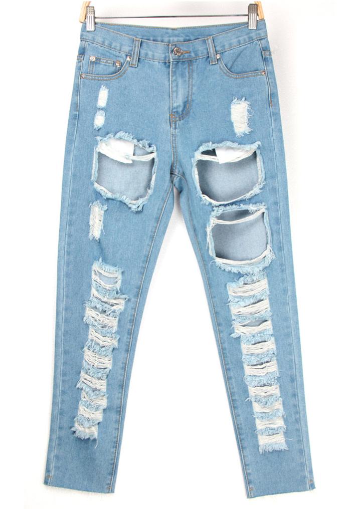 Romwe Bleached Ripped Blue Denim Pant