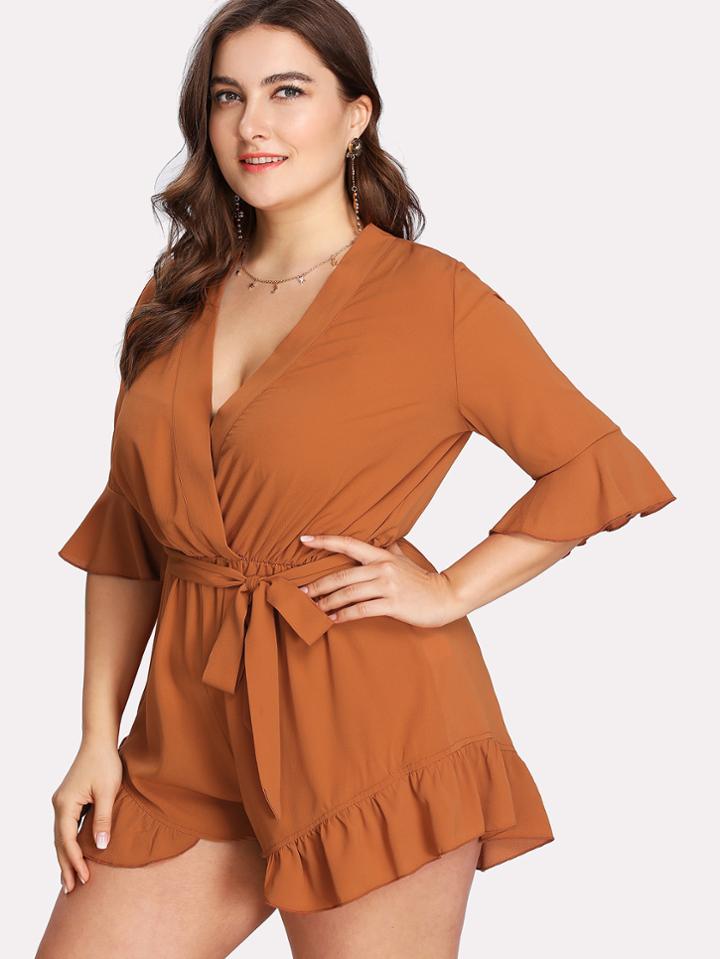 Romwe Self Belted Ruffle Trim Solid Wrap Romper