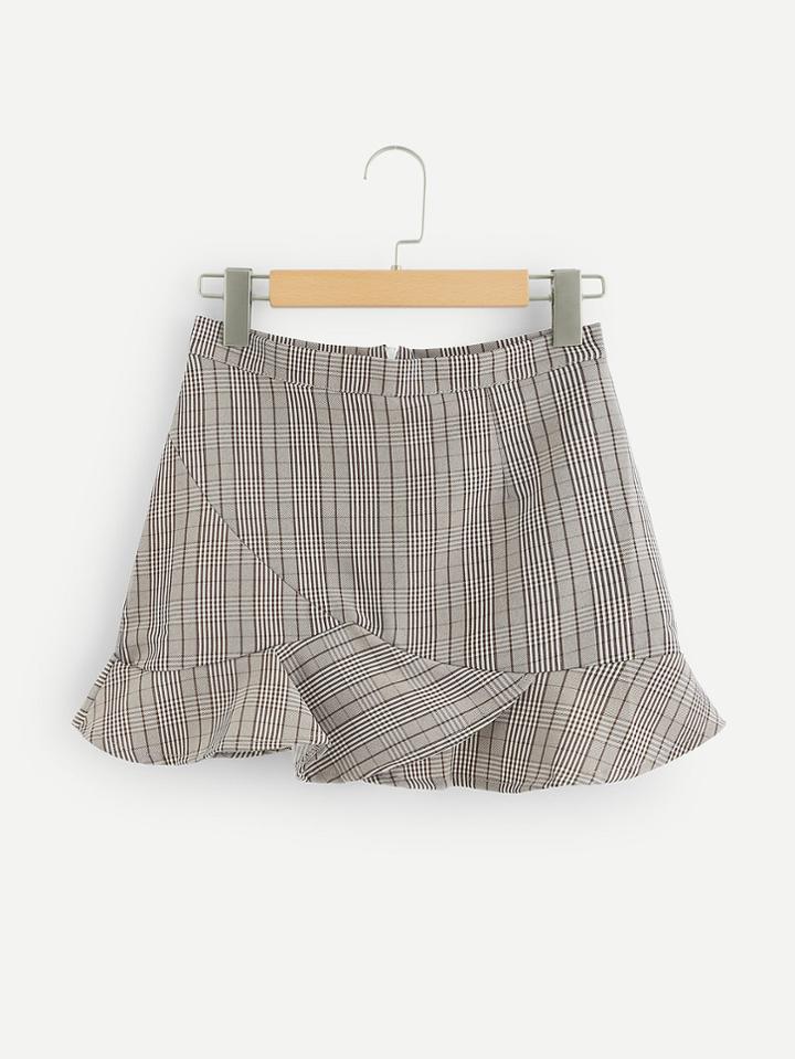 Romwe Ruffle Hem Checked Skirt