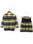 Romwe Striped Knit Top With Elastic Waist Pleated Yellow Skirt