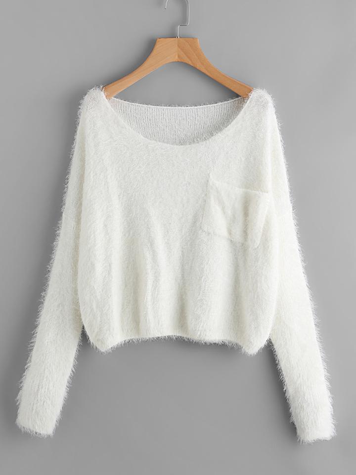 Romwe Single Pocket Front Fuzzy Jumper