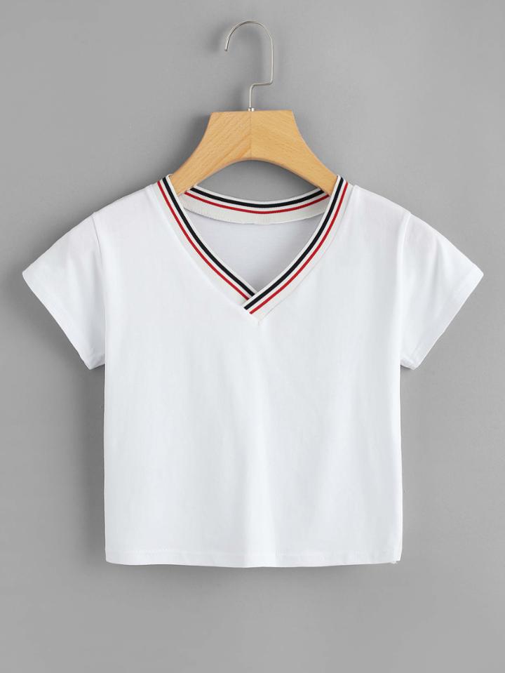 Romwe Striped Trim V Neckline Crop Tee