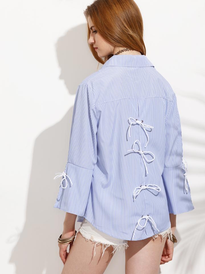 Romwe Blue Vertical Striped Lace Up Pockets Blouse