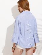 Romwe Blue Vertical Striped Lace Up Pockets Blouse
