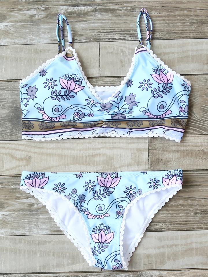 Romwe Light Blue Floral Print Scalloped Trim Bikini Set