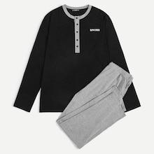 Romwe Guys Letter Print Buttoned Ringer Tee & Marled Pants Pj Set