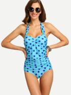 Romwe Ruched Polka Dot Print One-piece Swimwear - Sky Blue