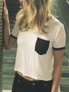 Romwe Black Trim & Pocket White Crop T-shirt