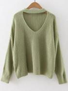 Romwe Green Choker Neck Drop Shoulder Sweater