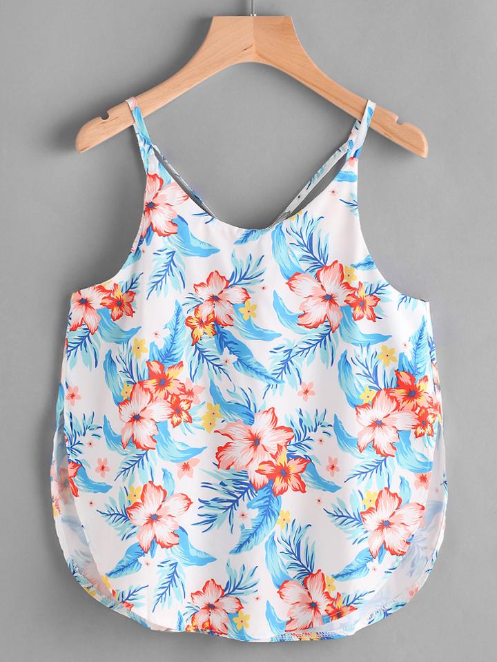 Romwe Floral Print Crisscross Back Curved Hem Cami Top