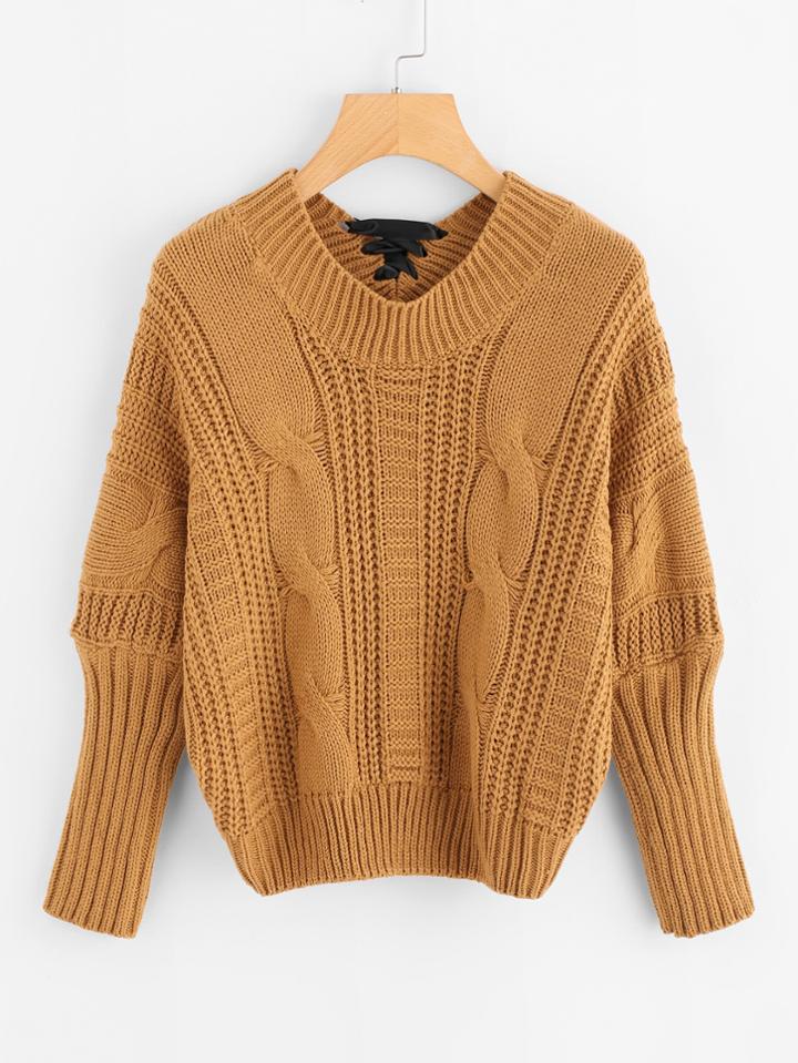Romwe Dolman Sleeve Lace Up Back Cable Knit Sweater