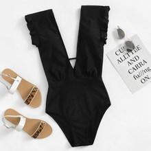 Romwe Deep-v Ruffle Ruched One Piece Swimwear