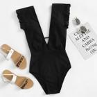 Romwe Deep-v Ruffle Ruched One Piece Swimwear
