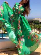 Romwe Green V Neck Belted Floral Bohemian Maxi Dress