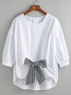 Romwe White High Low Blouse With Contrast Bow