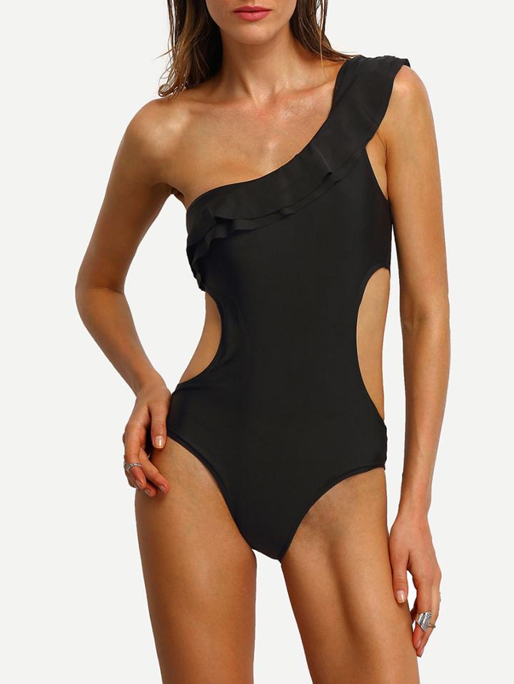 Romwe Ruffled One Shoulder Cutout One-piece Swimwear