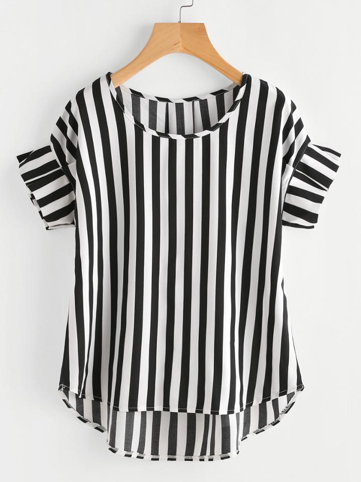 Romwe Contrast Vertical Striped Ruffle Sleeve Dip Hem Top