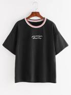 Romwe Black Contrast Trim Letter Embroidered T-shirt